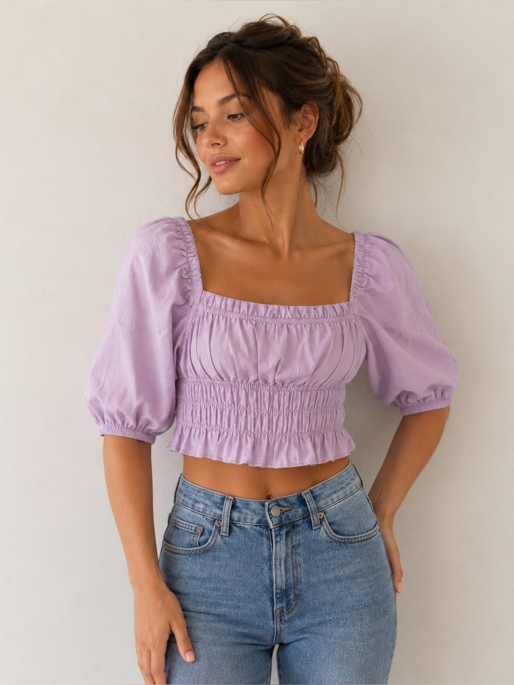 Charlie Holidays Anthropologie bohemian smocked top lilac XS